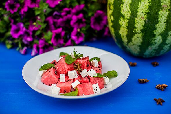 Watermelon salad with added cheese in the menu of the fermented milk version of the watermelon diet