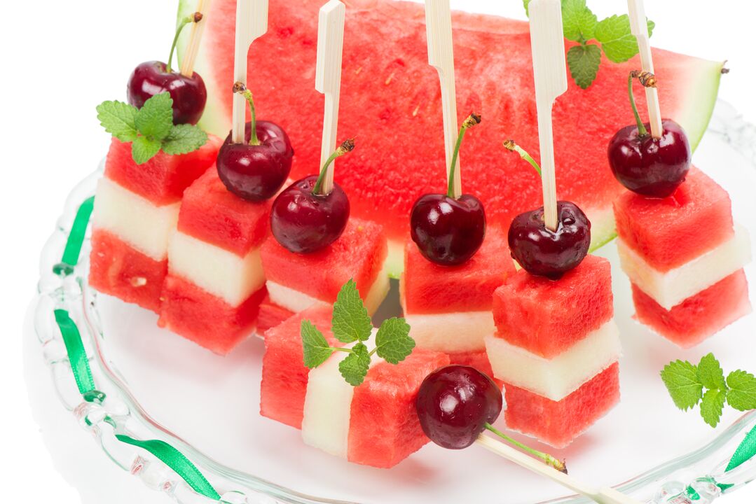 Watermelon, melon and cherry canapes - a hearty dessert of the watermelon diet